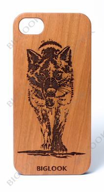Деревянный чехол BIGLOOK на iPhone 5/5S/SE с лазерной гравировкой "Wolf" (Вишня)
