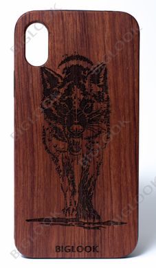 Дерев'яний чохол BIGLOOK на iPhone X 10 (5.8”) з лазерною гравіровкою "Wolf" (Червоне дерево)